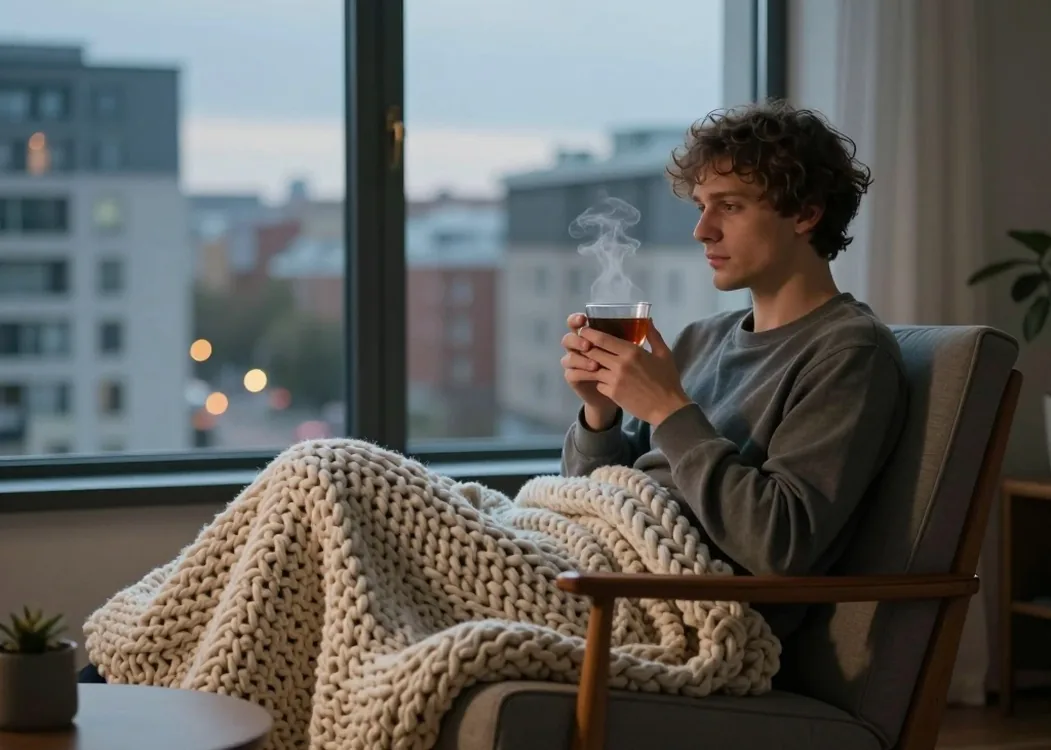 Man in his thirties relaxing on a mid-century armchair by a large window in a modern apartment